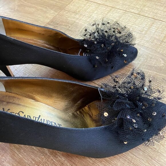 YSL Yves Saint Laurent VINTAGE 80's 6 1/2 Black Heels Tulle Sequin Pom Holidays - Picture 5 of 12